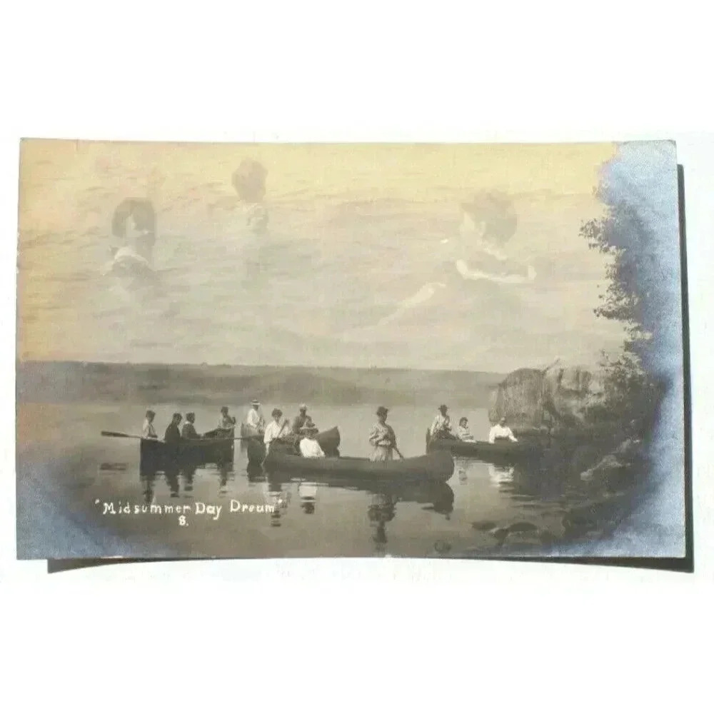 Vtg 1900's Family Mid Summer Day Dreams Canoe (Silver Gel) RPPC Postcard